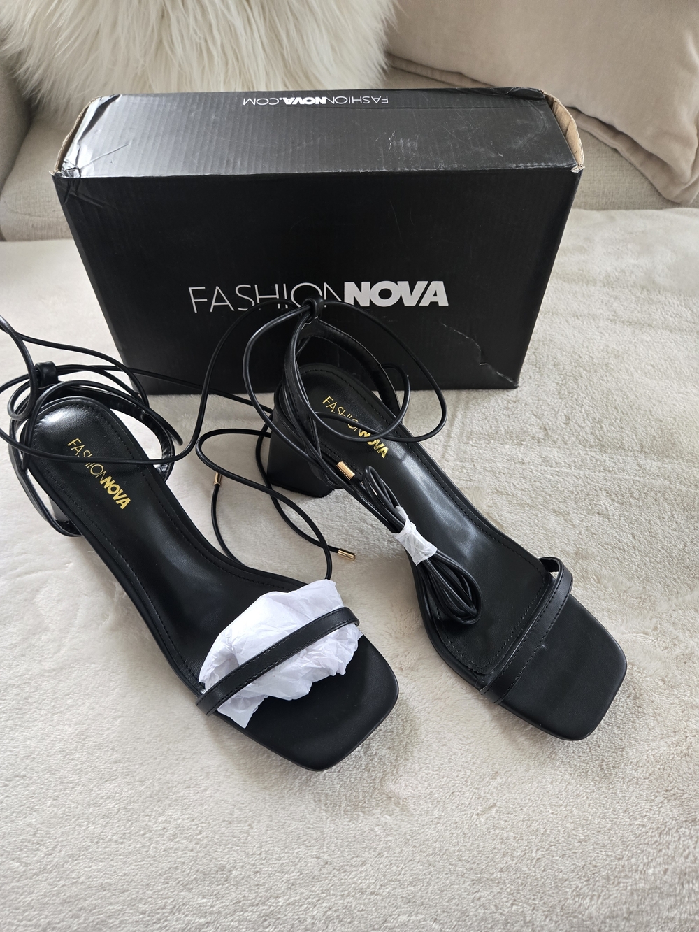 Fashion Nova Black Lace-Up Square Toe Block Heels